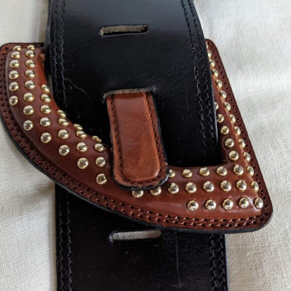 LYNN LERNER Vintage Wide Black Leather Belt with Gold Mini Metal Studs Italy main image 2